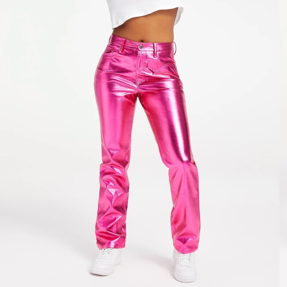 Good American Good Icon pink fuchsia metallic faux leather pants 6 nwt